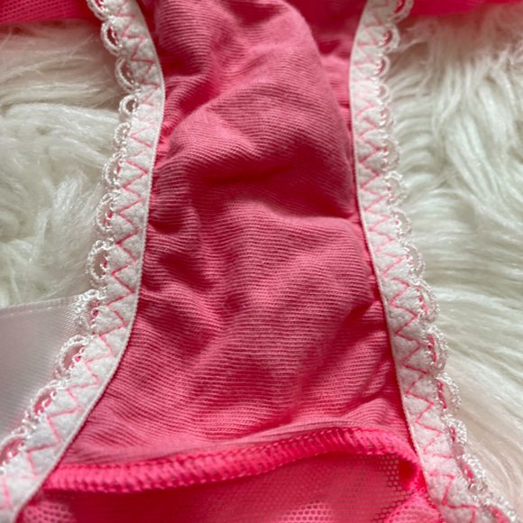 NWOT Victoria's Secret Pink Sheer Mesh Babydoll Set lace ruffle trim, bows Large - Picture 3 of 14